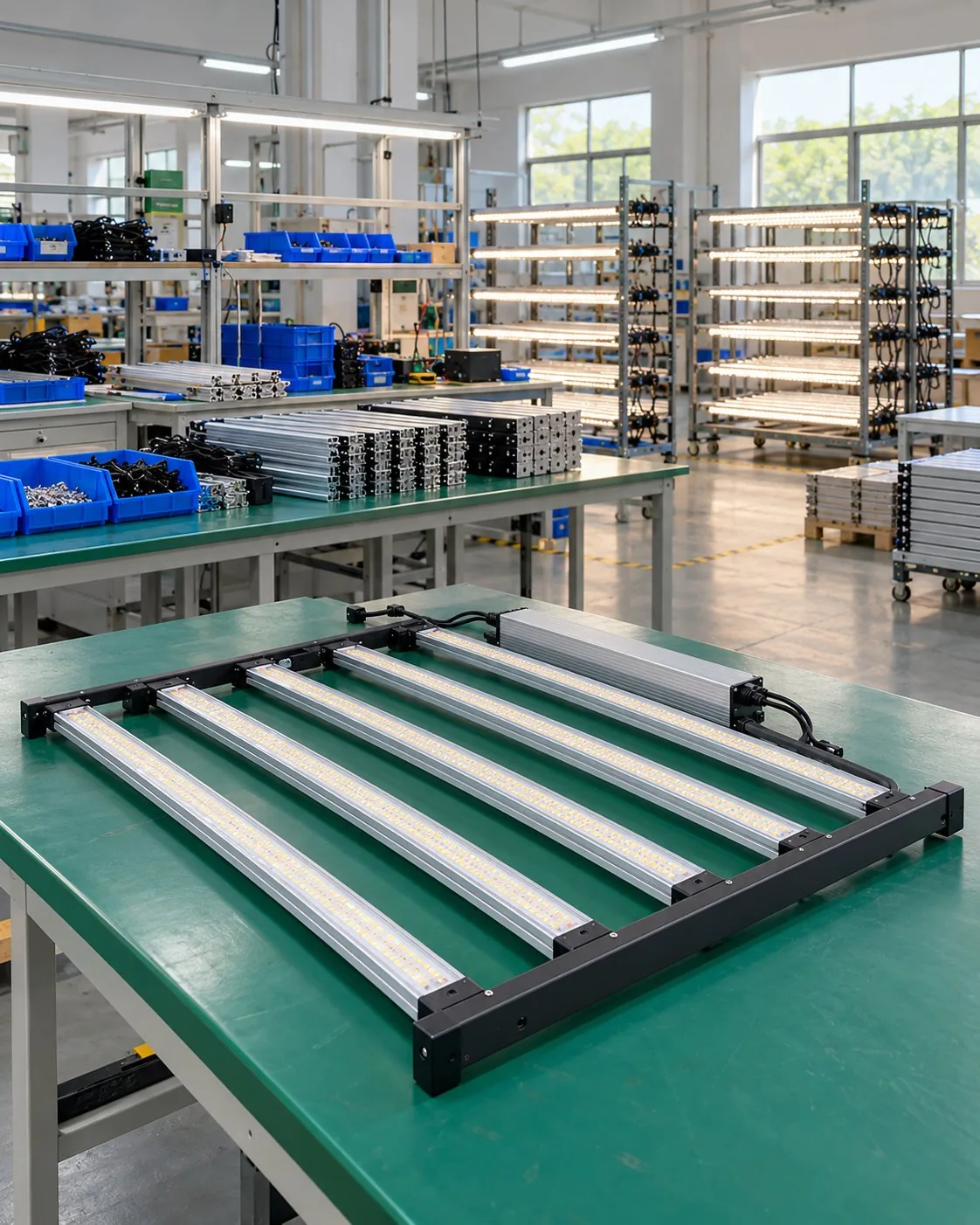 Illustrative LED grow light assembly workshop with testing racks